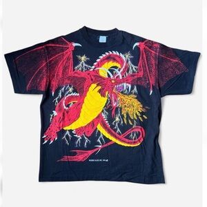 VINTAGE 1994 AOP Woods Brand single stich dragon T-Shirt size 2XL